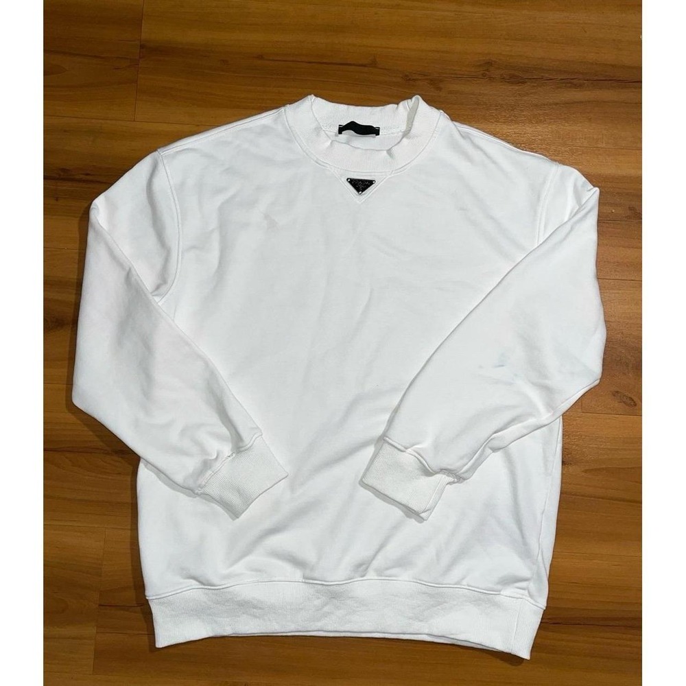 Mens Prada 2023 Enameled Metal Triangle White Crewneck Pullover Sweatshirt